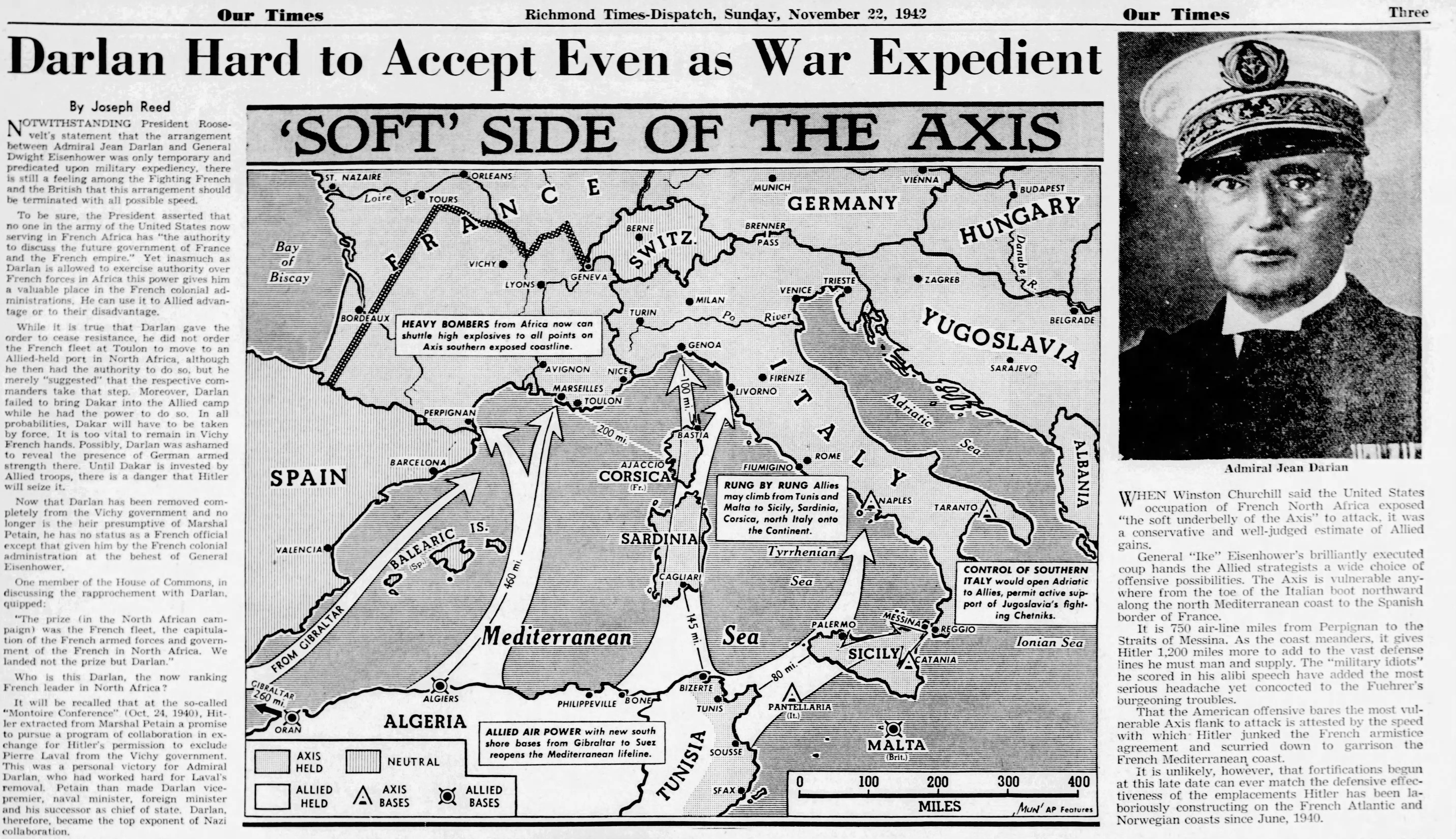 A newspaper article showing a portrait of Admiral Jean (FranÃ§ois) Darlan in uniform on the right, a map of the Western Mediterranean Sea showing potential attack routes from North Africa to Italy and Southern France in the center, and text on the left and right.