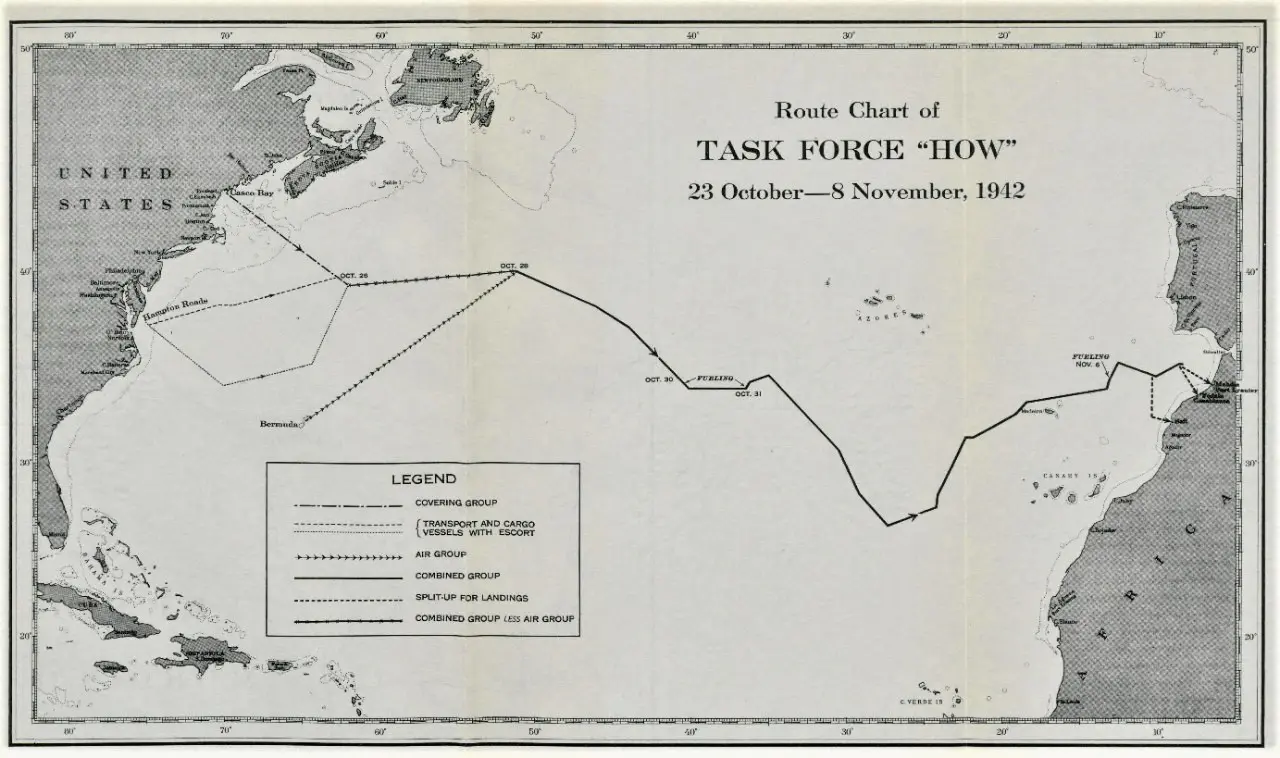 A simplified map showing the route of Task Force HOW crossing the Atlantic.